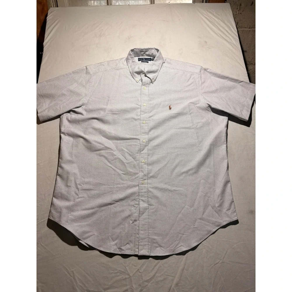 Ralph Lauren Mens XXL Classic Fit Short Sleeve Striped Oxford Shirt Blue White